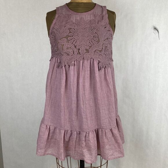 Umgee Tiered Dress Lace Bodice Small Short Lined Sleeveless Flowy - Picture 1 of 13
